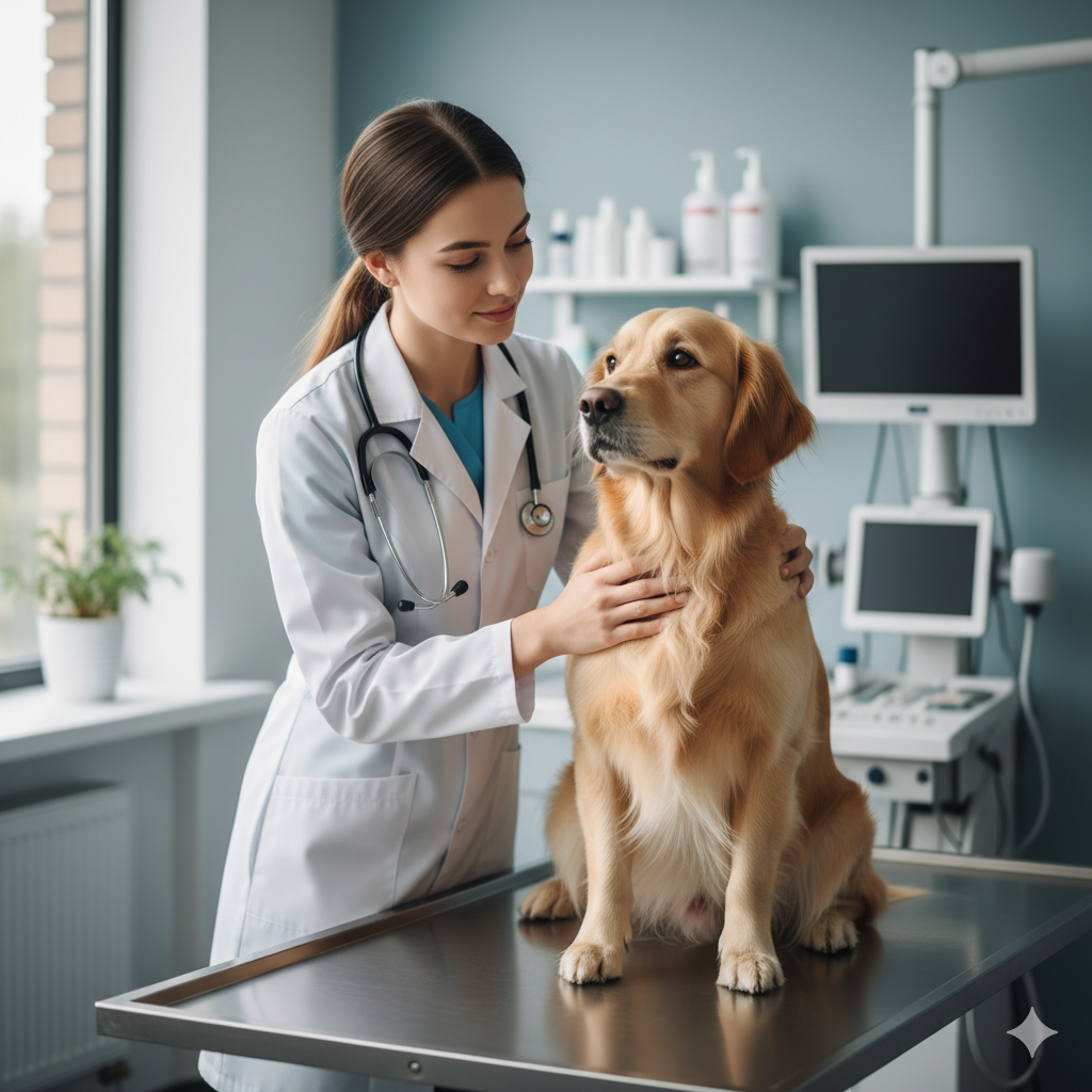 Veterinária realizando consulta em cachorro
